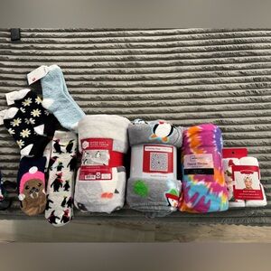Fuzzy Throw Blankets, Socks, & Hair Wraps